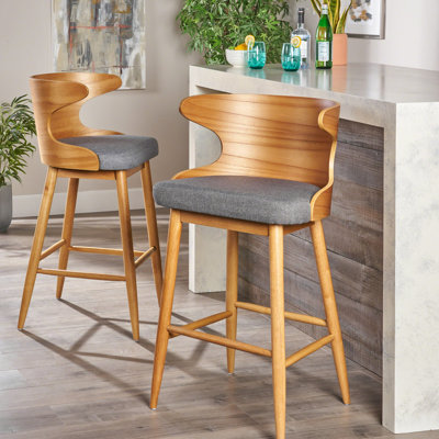 2Pcs Mid-Century Style Bar Chairs, Gray Textile, Solid Rubberwood, 41" Ht Chair , Upholstered,