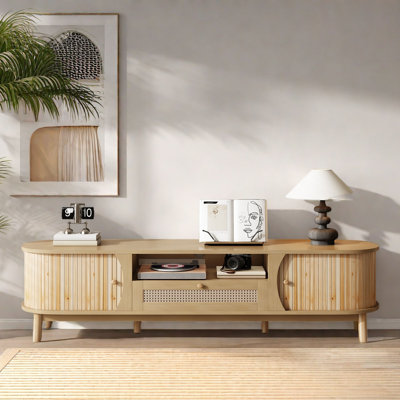 Jusqu'à 75 po, meuble télé pour chambre à coucher avec porte coulissante à rayures en bois massif, console télé pour le salon avec tiroir en rotin et pieds en bois massif
