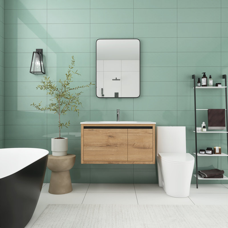 Meuble-lavabo mural simple 35,4 po avec plateau en résine Hernani, Imitation chêne