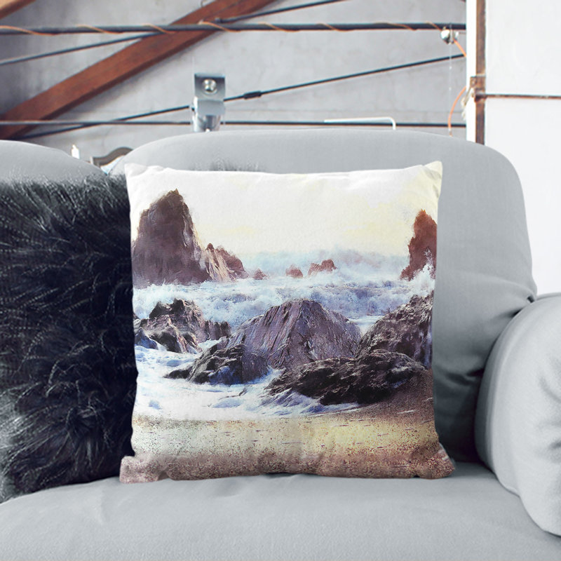 Ocean Crashing Against Rocks Painting Cushion with Filling, 55cm H x 55cm W x 20cm D