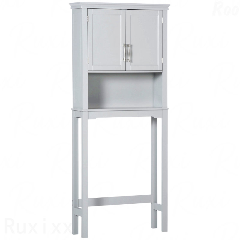 Modern Over The Toilet Storage Cabinet, Double Door Bathroom Organizer With Inner Adjustable Shelf And Open Shelf, Grey