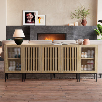 Armoire de rangement, armoire buffet de style campagnard de 79 po avec base en métal et tablettes réglables, armoire à café avec portes en verre pour salle à manger, salon, cuisine, chêne