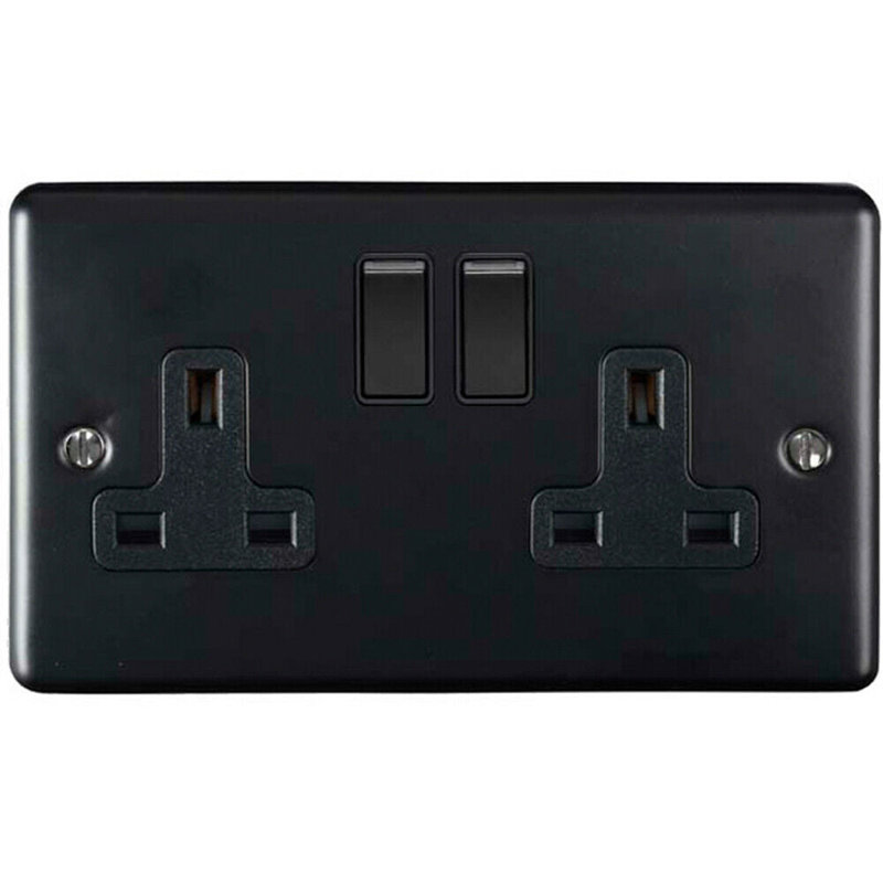 2 PACK 2 Gang Double UK Plug Socket MATT BLACK 13A Switched Power Outlet, Matte Black, Black
