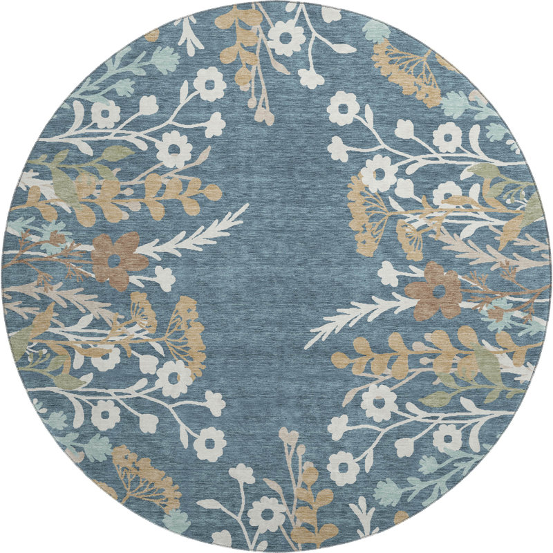 Tapis floral lavable à la machine de qualité supérieure Mayfield AMF2334, Denim, 8' Round