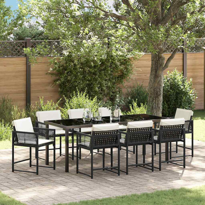 Eliezel 8 - Person Patio Dining Set with Rectangular Table, Beige Cushion/Black Frame