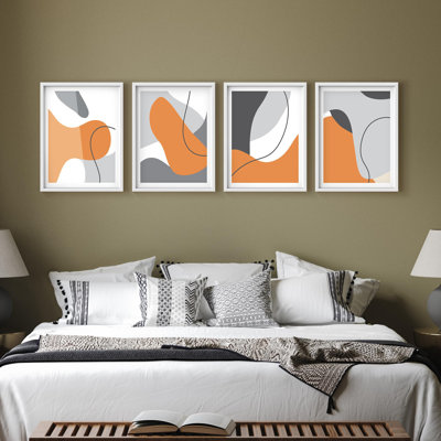Art mural encadré, ensemble de décorations abstraites, audacieuses, orange et gris, formes, moderne, contemporain, jungle, tropical, coloré, pour le salon, la chambre à coucher, le bureau