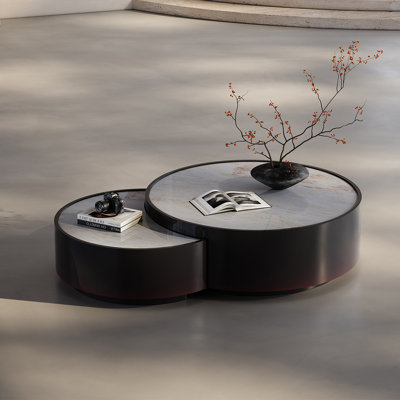 Black Sintered Stone + Manufactured Wood Round Coffee Table Sets