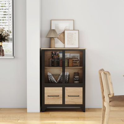 Armoire de rangement avec 4 portes en fer, poignée en métal noir, buffet avec tablette réglable, cadre en métal robuste noir et pieds en métal, facile à assembler, pour le salon, la cuisine, noir et naturel