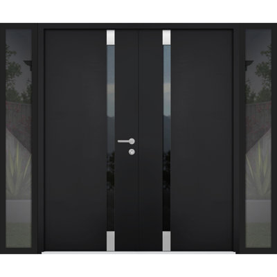Front Exterior Prehung Steel Double Doors / Cynex 6777 Black / 2 Side Exterior Windows / Stainless Inserts Single Modern Painted 100x80 (W14+72+14" x H80")-Left-hand Inswing