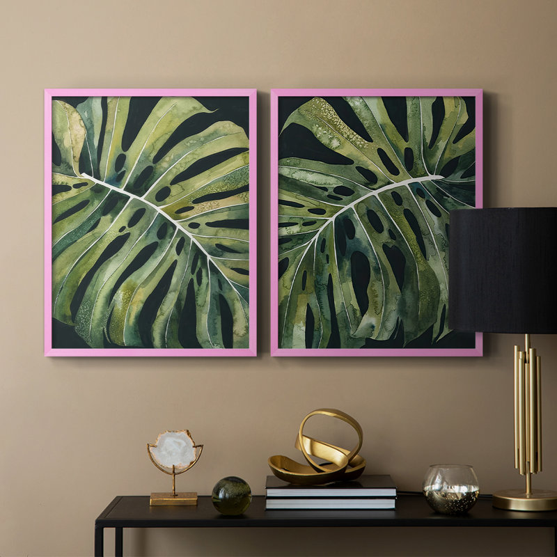 Reproduction encadrée Nocturnal Monstera I-Premium - prête à être accrochée - aucun clou requis - aucun clou requis, Rose