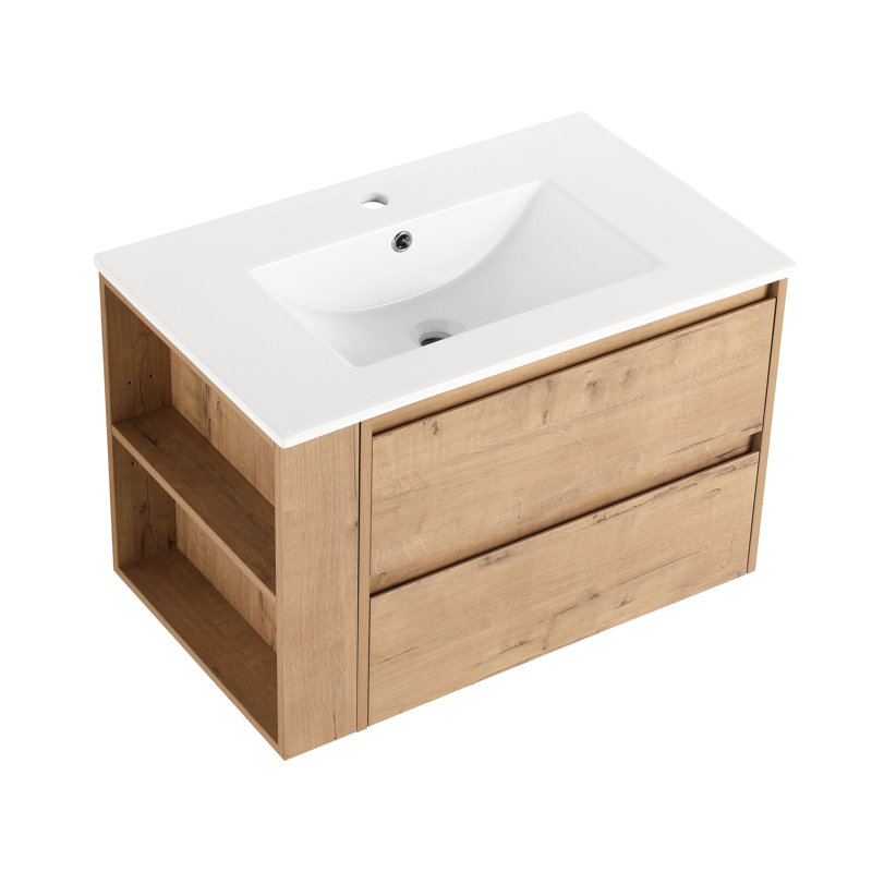 Meuble-lavabo moderne en céramique avec 2 tiroirs, élégant, imitation chêne, 30", Lumière pâle