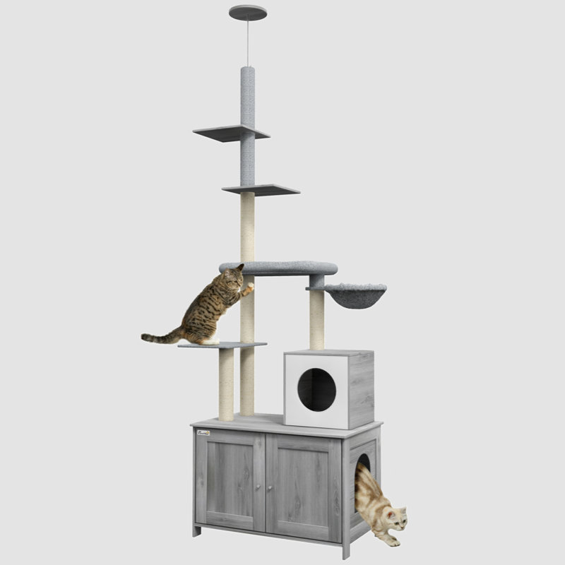 Cat Tree With Litter Box Enclosure, 2 In 1 Floor To Ceiling Cat Tower Litter Box Furniture With Condo, Bed, Hammock, Scratching Posts, And Platforms For Indoor Use, Grey