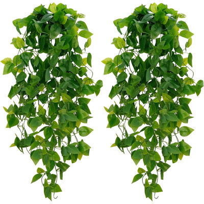 2 Pack Artificial Pothos Hanging Vines, Faux Greenery Plants For Wall Decor, Home, Office And Indoor Outdoor Display