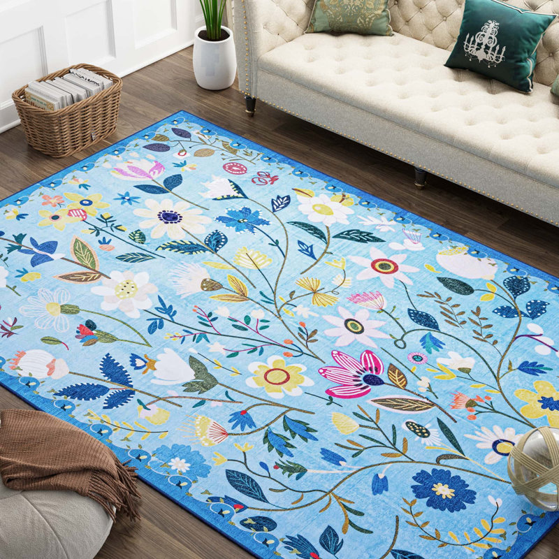 Nature Voja Floral Non-Slip Machine Washable Colorful Modern Area Rug in Blue for Living Room, Bedroom, Hallway Runner, Entryway Rugs