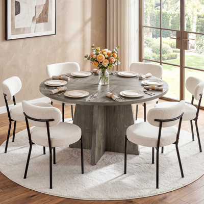 Round Pedestal Dining Table Set with 2/4/6‑Pack Boucle Sherpa Upholstered Dining Chairs, Modern Dining Room & Kitchen Table Furniture