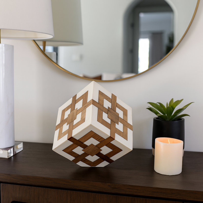 Contemporary Cube Decorative Object For Home Decor - Stylish Sculpture Figurine Or Statues For Decorations For Living Room - 4", Ivory & Brown