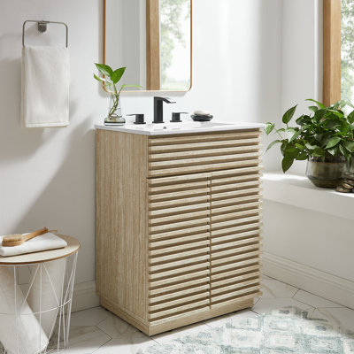 Meuble-lavabo en faux travertin 24 po avec lavabo blanc Render