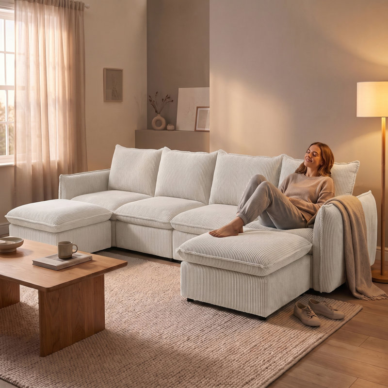 Canapé modulaire et méridienne en forme de U avec repose-pieds Boucle, Velours côtelé blanc