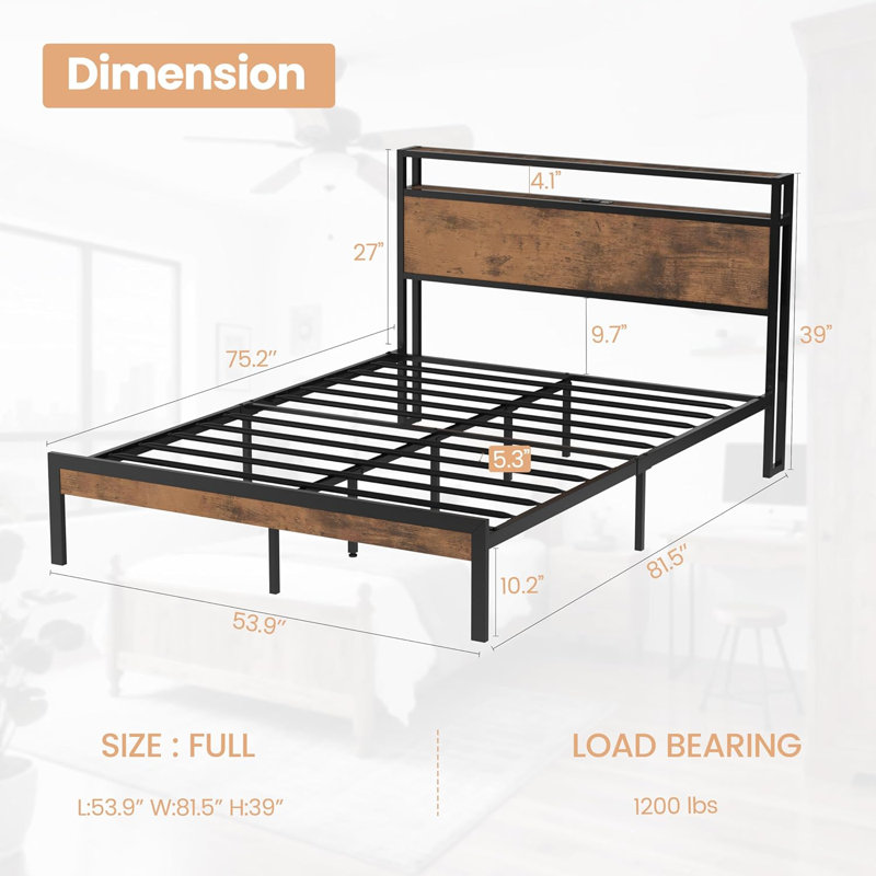 Full Size Metal Bed Frame with Headboard with LED Lights & Charging Station,w/Solid 11 Bed Legs, No Box Spring Needed, Full
