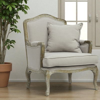 Capri Grey & Beige Finish Antique French accent chair With Pillow, 36.97" H X 28.98" W X 28.7" D