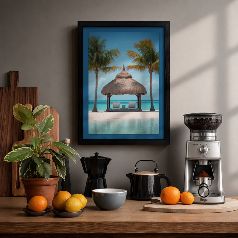 Tropical Pavilion Coastal - Framed Print, A4 - 29.7 x 21.0 cm, Black