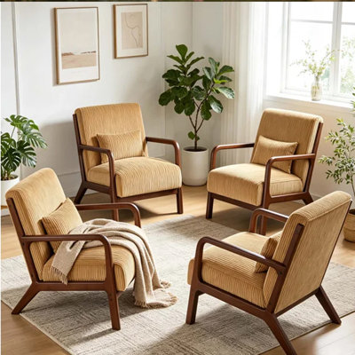 Set of 2 Mid-Century Modern Accent Chair, Corduroy Upholstered Wooden Armchair with Lumbar Support Pillow, Comfy Lounge Reading Chair with Solid Wood Frame for Living Room, Bedroom, Office
