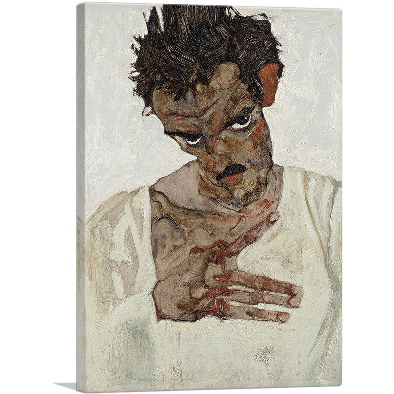 Autoportrait avec une chemise rayée par Egon Schiele - reproduction d'art sur toile tendue, H 40 po x l 26 po x P 1,5 po