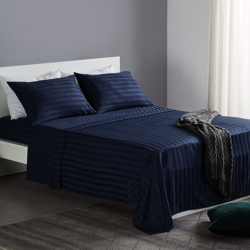 Sateen Striped Sheet Set, Full/Double Sheet Set+Fitted Sheet+2 Pillowcases, Navy Blue