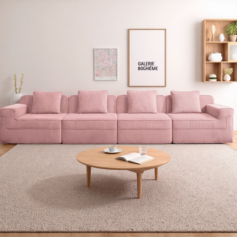 Canapé modulaire rembourré en tissu de velours côtelé à 4 places avec siège profond et coussins décoratifs, sans assemblage requis Canapé de salon moderne