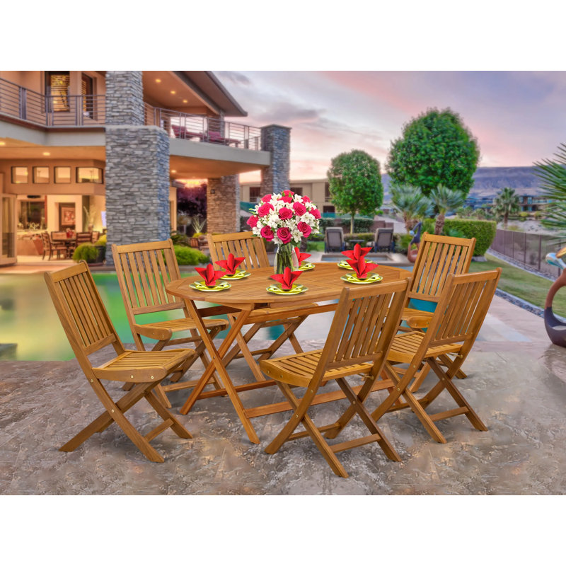 7 Piece Patio Dining Set Consist of an Oval Outdoor Acacia Wood Table and 6 Folding Side Chairs, 36x60 Inch, Natural Oil