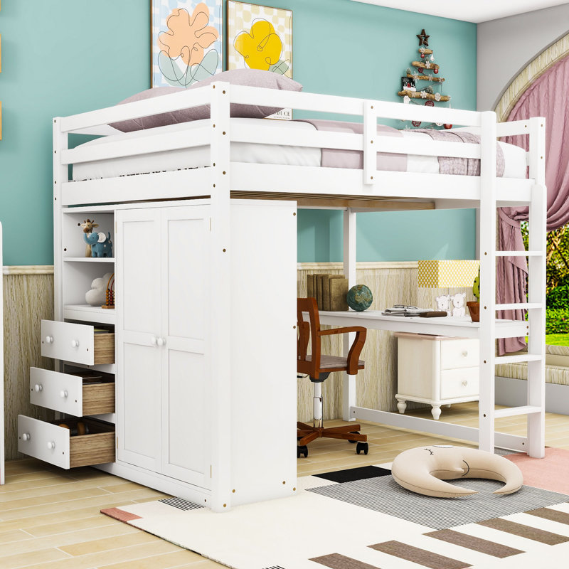 Full Size Wooden Loft Bed With Built-In Desk, Storage Shelves, Drawers And Wardrobe, White