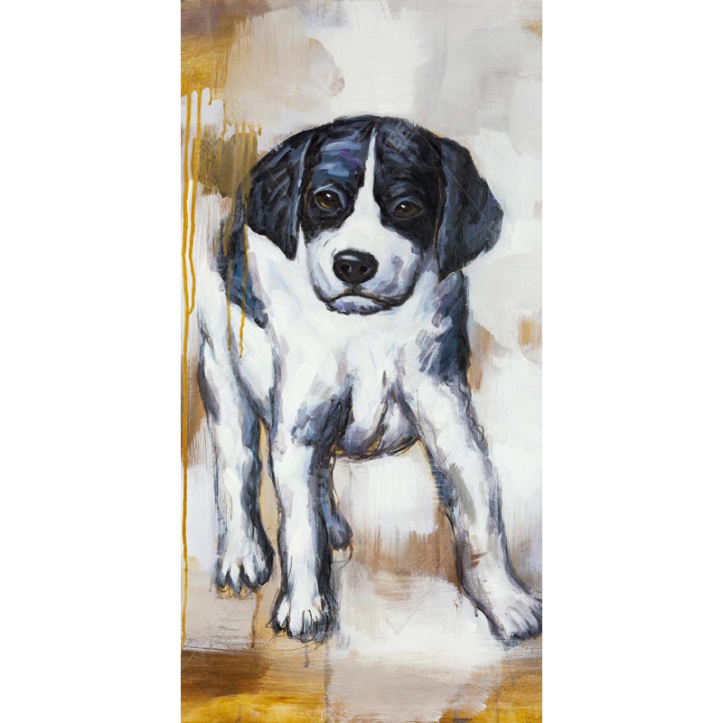 Curieux chiot - toile noire encadrée, H 49,25 po x l 25,25 po
