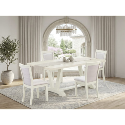 9-Pc Dining Room Table Set Includes a Table and 8 Baby Blue Linen Fabric Dining Chairs with High Back - Wire Brushed Linen White
