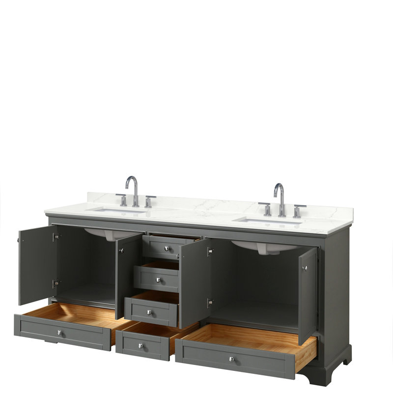 Meuble-lavabo double autoportant Deborah avec plateau en quartz, Gris foncé, Giotto Quartz, Chrome poli