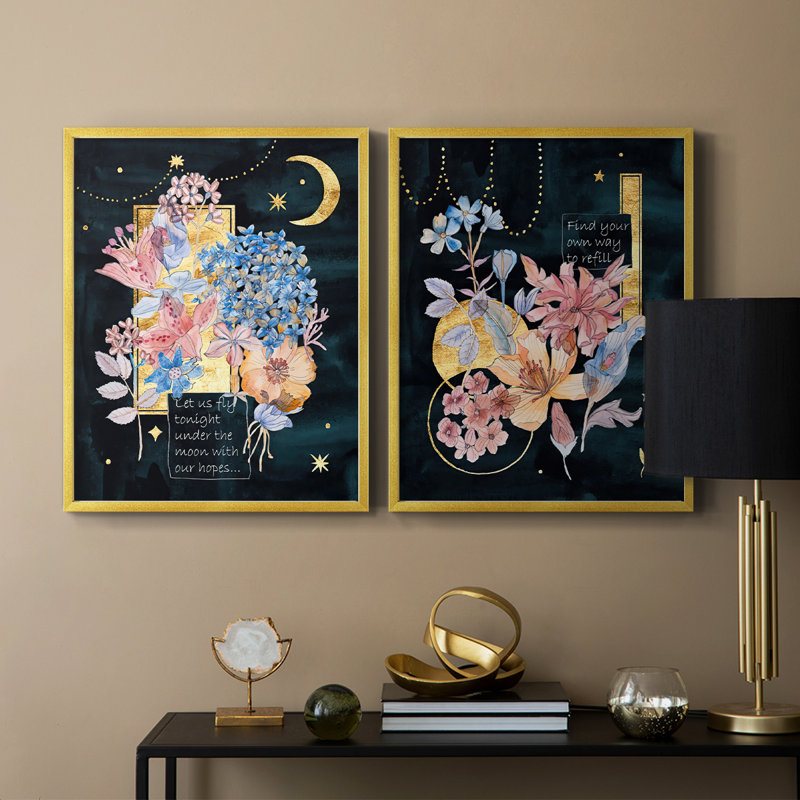 «Moonlight Flowers I», reproduction encadrée de qualité supérieure - prête à être accrochée - aucun clou requis - aucun clou requis