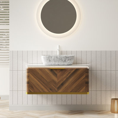 36" Floating Bathroom Vanity Cabinet with Marble Top and LED Lighting