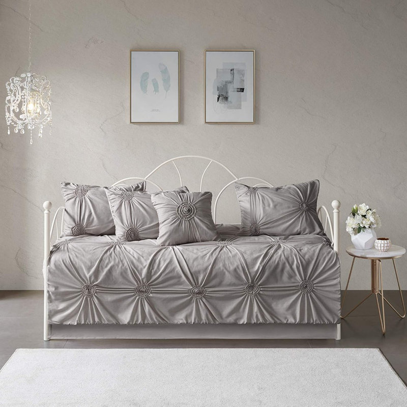 6-piece Medallion Tufted Daybed Cover Set, All-season Luxury Bedding, Dark Grey