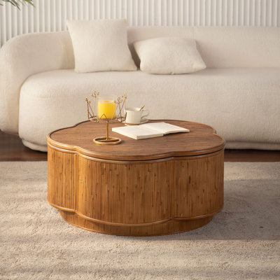 Table basse en rotin en forme de fleur avec rangement amovible, style boho-chic, parfaite pour les salons confortables et les espaces compacts