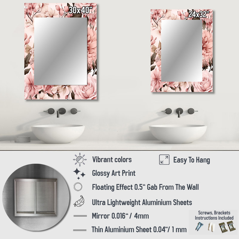 Antique Pink Flower Garden Beauty - Damask Mirror Wall Decor, 32" x 24"