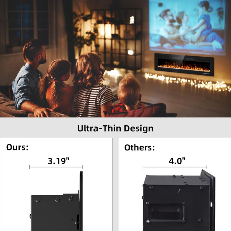 Foyer électrique encastrable de 50 po et fixation murale avec télécommande et tactile