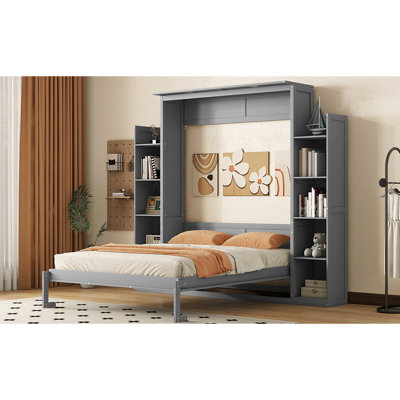 Lit escamotable double pleine grandeur avec tablettes et lumières DEL - Lit d'invité pliable peu encombrant, gris