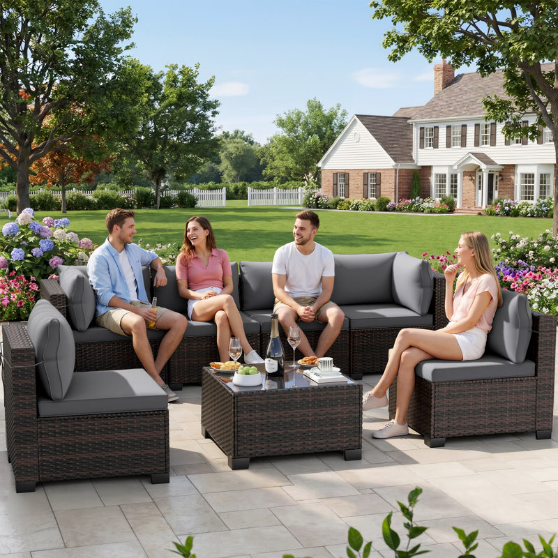 7-Piece Patio Conversation Sets, Outdoor Rattan Wicker Sectional Sofa with Tea Table & Cushions, Gray