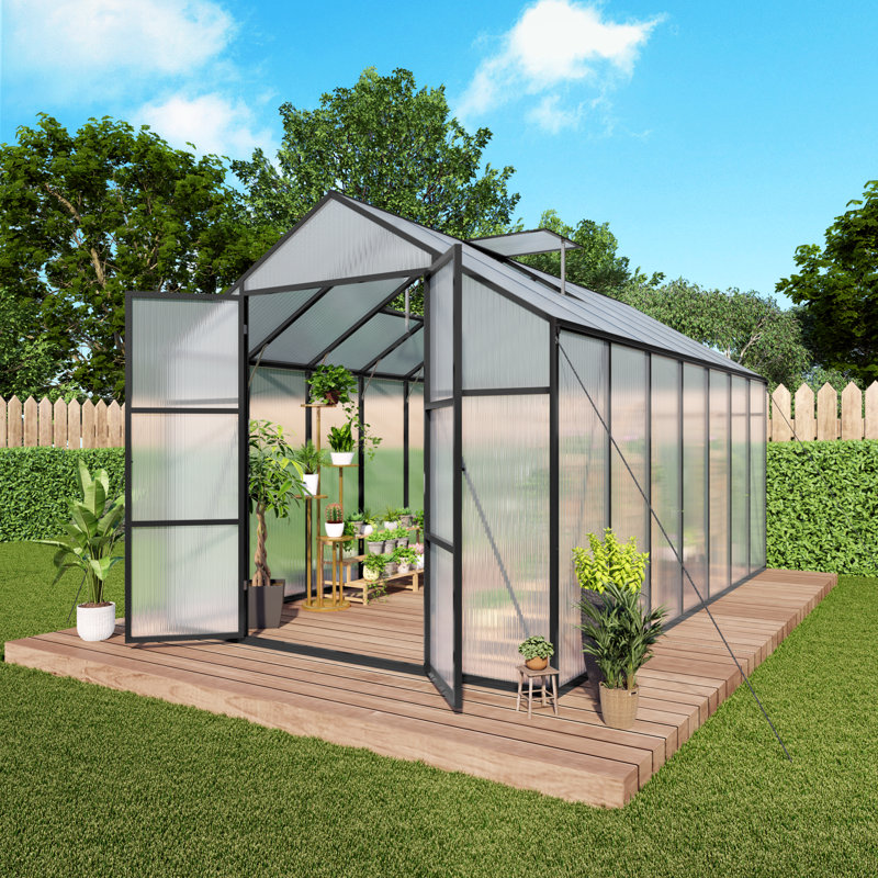 8X14 FT Polycarbonate Walk-In Greenhouse, Raised Base, 14.1' H x 8.1' W x 7.8' D