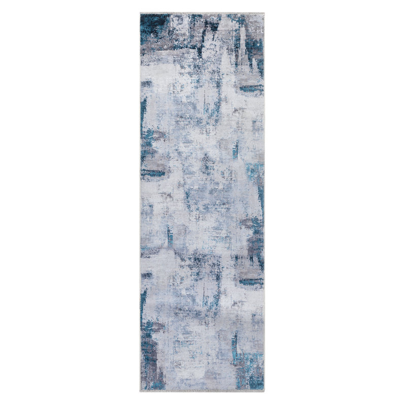 Tapis bleu abstrait en chenille tissé à la machine Penstarre, Tapis de couloir 2 pi 6 po x 8 pi