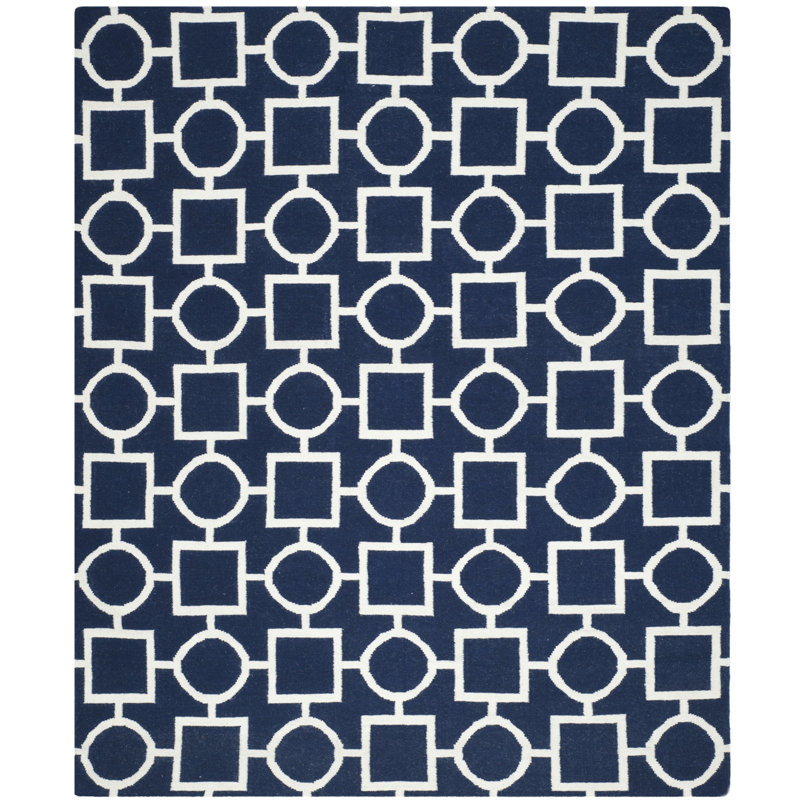 Tapis géométrique en laine / coton tissé à la main Rodgers - blanc / bleu, Rectangle 9 pi x 12 pi
