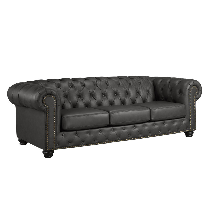 Orner 93" Leather Rolled Arm Chesterfield Sofa, Charcoal Leather Match