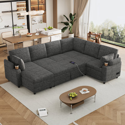 Canapé-lit modulaire en U beige et gris de 109,9 po avec beaucoup de rangement et de commodités