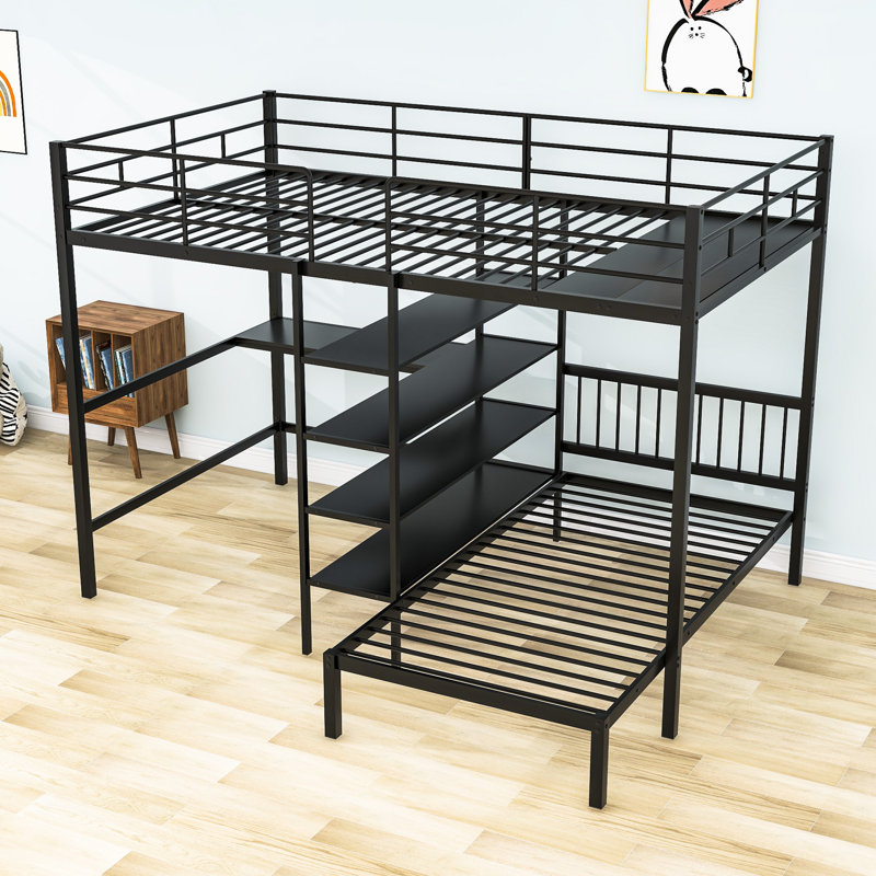Adelline Kids Full Over Twin Metal Bunk Bed with Built-in Desk and Shelves, Black