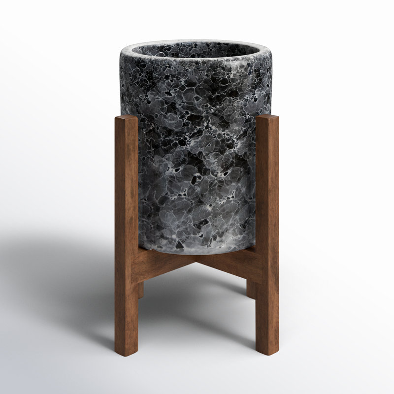 Amadea Wood Pot Planter, Black Marble/Walnut, 5.7" H x 5.5" W x 5.5" D