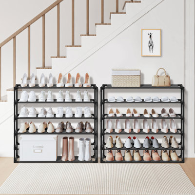 6 Tier Adjustable Fabric Shoe Rack Set of 2, Black Frame Stackable Entryway Shoe Storage Organizer